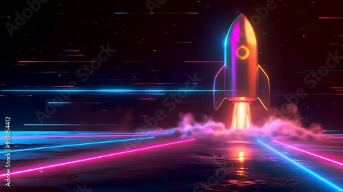 Fototapeta Naklejka Na Ścianę i Meble -  3d illustration rocket space colorful holographic in dark background for Business start up and science concept