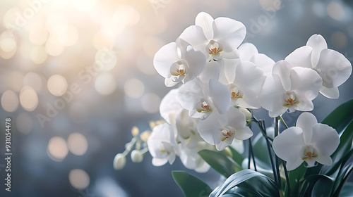 A bouquet composed of pure white orchids, arranged in a modern, minimalist style with green foliage.