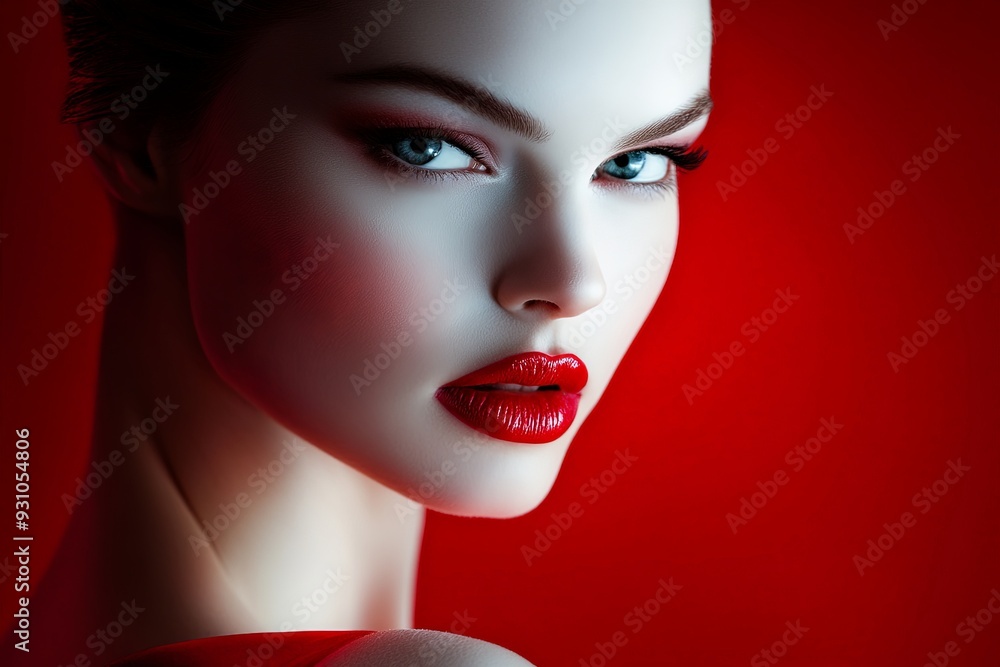 Portrait close-up of a stunning woman with a white face, dressed in red with red lipstick, gazing intently at the camera with a hint of a smile, illuminated by dramatic side lighting, set against a Portrait close-up of a stunning woman with a white face, dressed in red with red lipstick, gazing intently at the camera with a hint of a smile, illuminated by dramatic side lighting, set against a