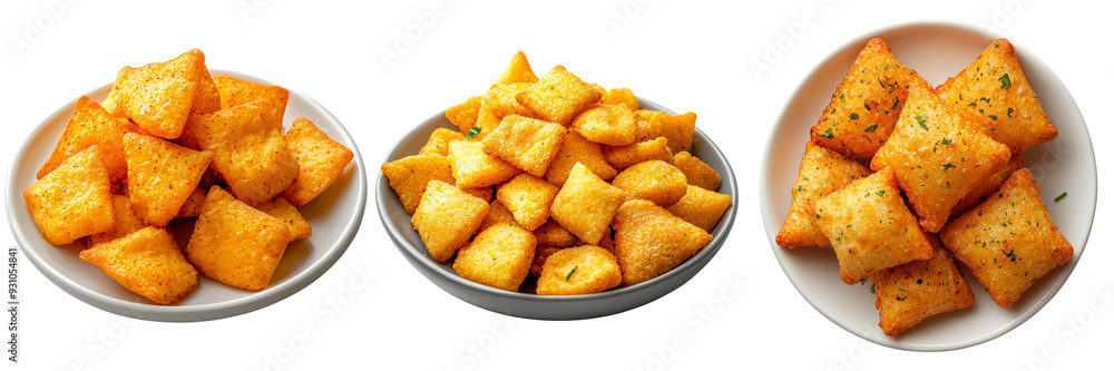 Delicious fried snacks served in three bowls, perfect for appetizers or parties Delicious fried snacks served in three bowls, perfect for appetizers or parties