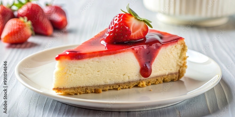Decadent slice of cheesecake with strawberry topping on a white plate, cheesecake, dessert, sweet, indulgent, creamy, delicious Decadent slice of cheesecake with strawberry topping on a white plate, cheesecake, dessert, sweet, indulgent, creamy, delicious
