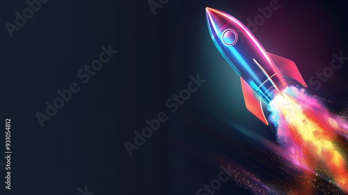 3d illustration rocket space colorful holographic in dark background for Business start up and science concept