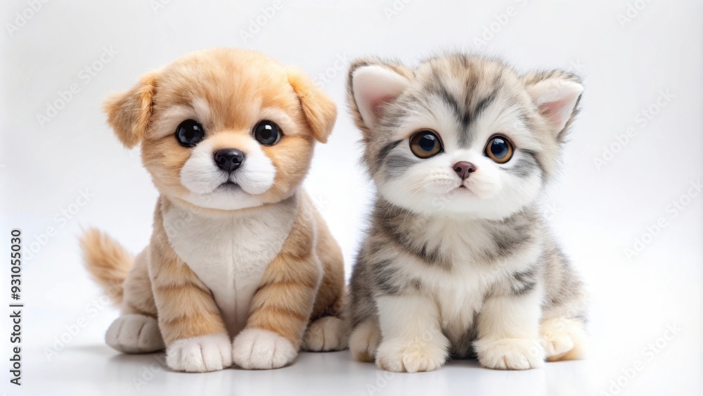 Cute matte style puppy and kitten dolls on a white background, adorable, animals, pets, toy, figurine, realistic Cute matte style puppy and kitten dolls on a white background, adorable, animals, pets, toy, figurine, realistic