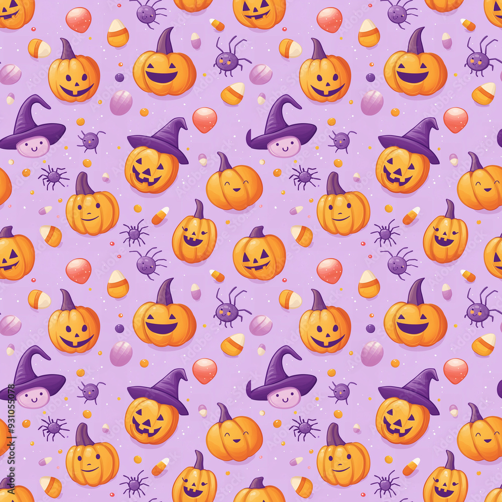 Fototapeta premium Seamless Halloween Pattern with Cute Pumpkins, Candy, and Spiders on Pastel Background