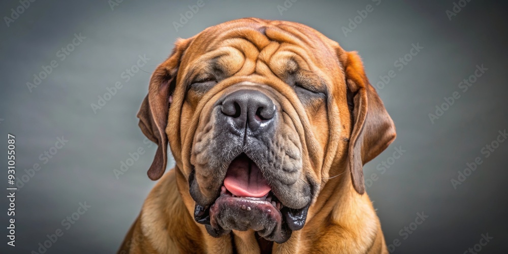 Funny Fila Brasileiro dog wrinkling its face in distaste while sneezing , sneeze protection, humor, dogs Funny Fila Brasileiro dog wrinkling its face in distaste while sneezing , sneeze protection, humor, dogs