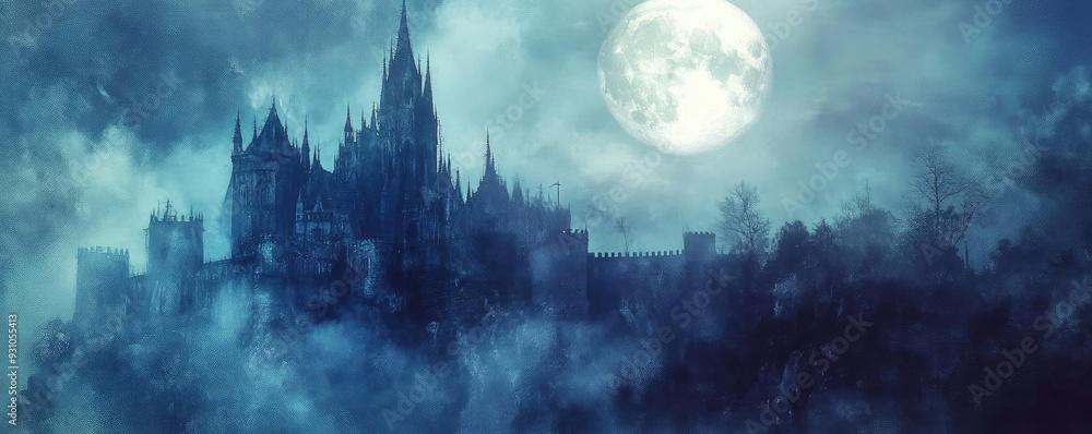 Mysterious castle silhouette under a full moon, surrounded by fog, creating a haunting atmosphere for fantasy themes. Mysterious castle silhouette under a full moon, surrounded by fog, creating a haunting atmosphere for fantasy themes.