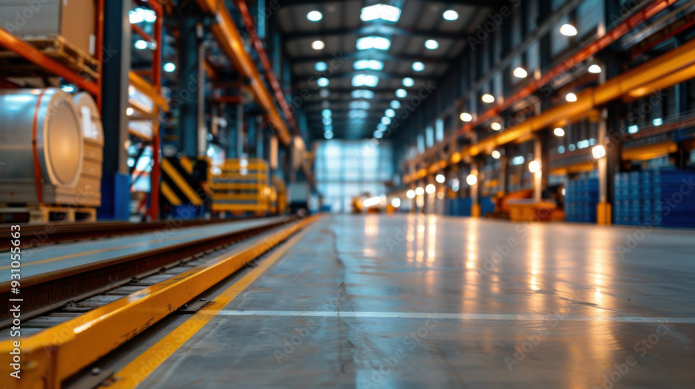 A wide-angle view of a spacious industrial warehouse featuring long rails, high ceilings, and organized storage areas.