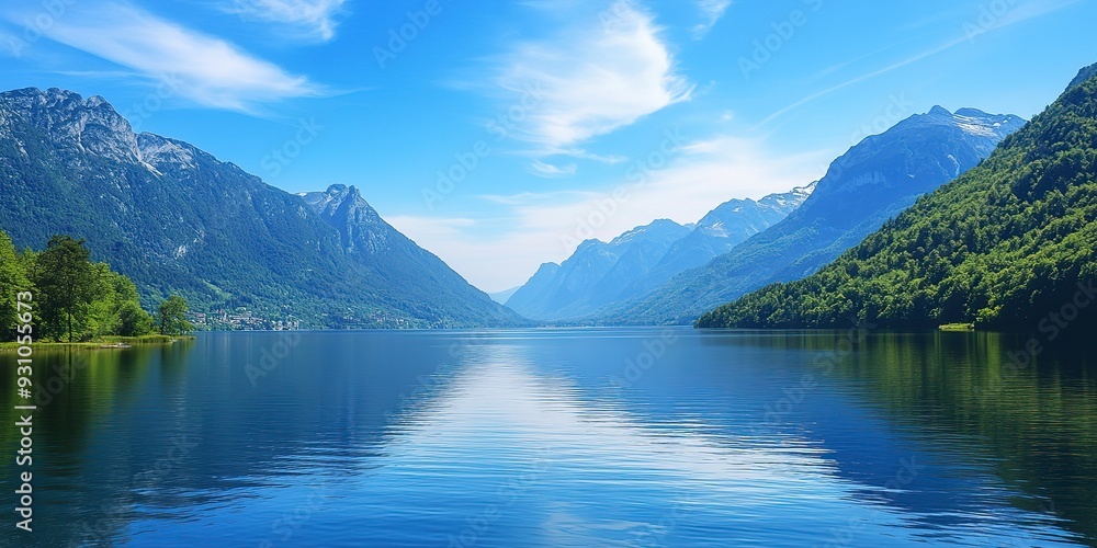 A beautiful lake surrounded by mountains with a clear blue sky A beautiful lake surrounded by mountains with a clear blue sky