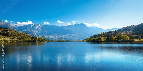 A beautiful lake surrounded by mountains with a clear blue sky