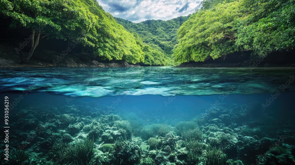 A serene underwater scene showcasing vibrant coral reefs beneath crystal-clear water, surrounded by lush greenery. A serene underwater scene showcasing vibrant coral reefs beneath crystal-clear water, surrounded by lush greenery.