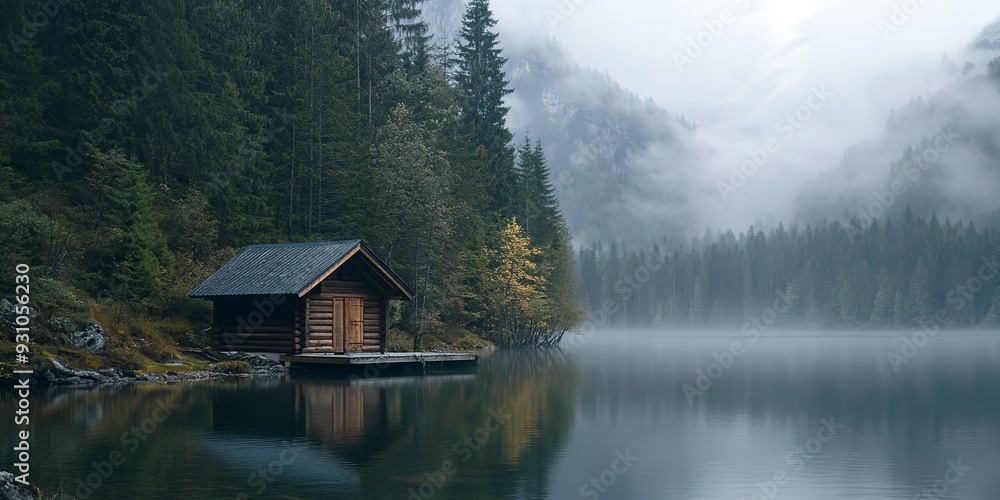 Fototapeta premium A cabin is sitting on a lake with a foggy sky in the background