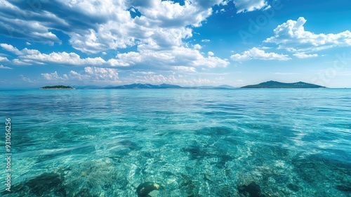 A crystal sea with calm, glass-like water reflecting the sky, with distant islands barely visible on the horizon.