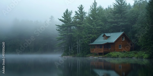 A cabin is sitting on a lake with a foggy sky in the background 