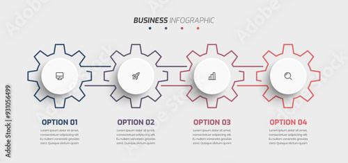 Business Infographic Gear with Thin Line Circle Label 4 Option and Icon for Presentation Chart