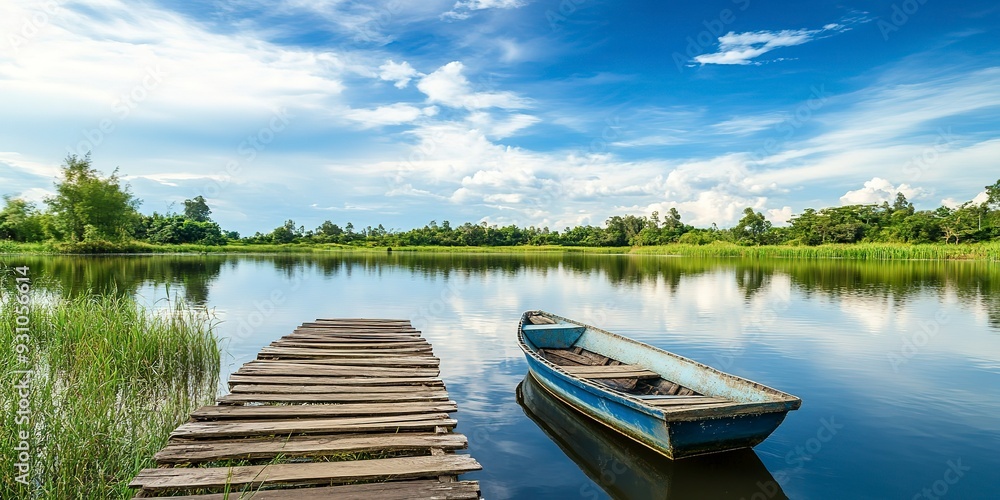 Obraz premium Beautiful lake landscape with row boat and old wooden lake bridge with beautiful sky and cloud background, place for rest and relax, calm water with fresh environment.
