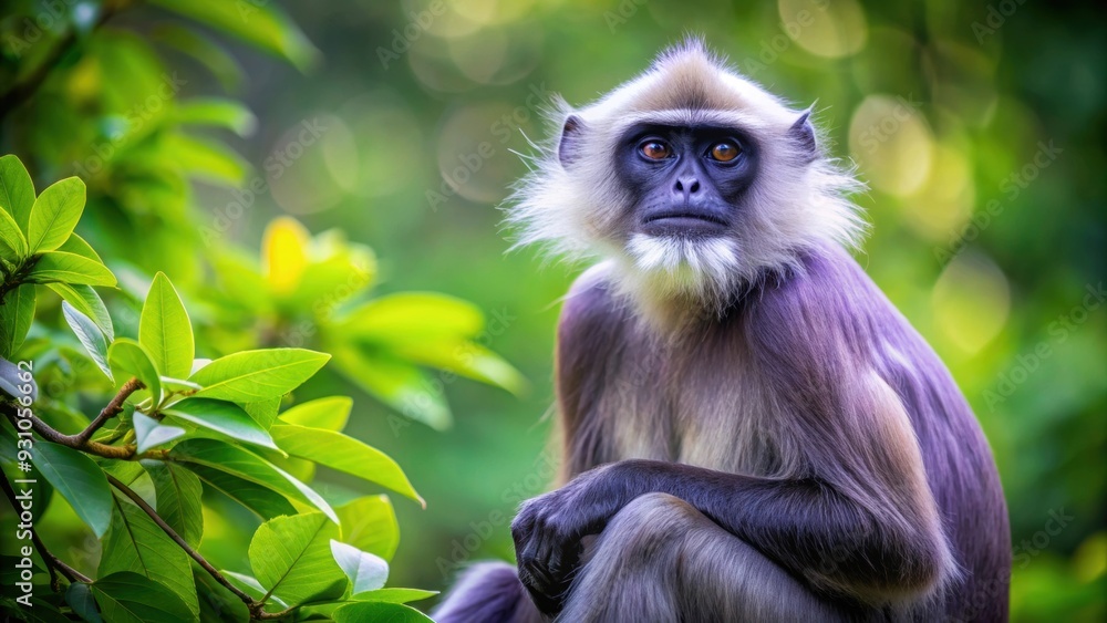 Purple-faced langur sitting in a tree, wildlife, primate, endangered species Purple-faced langur sitting in a tree, wildlife, primate, endangered species