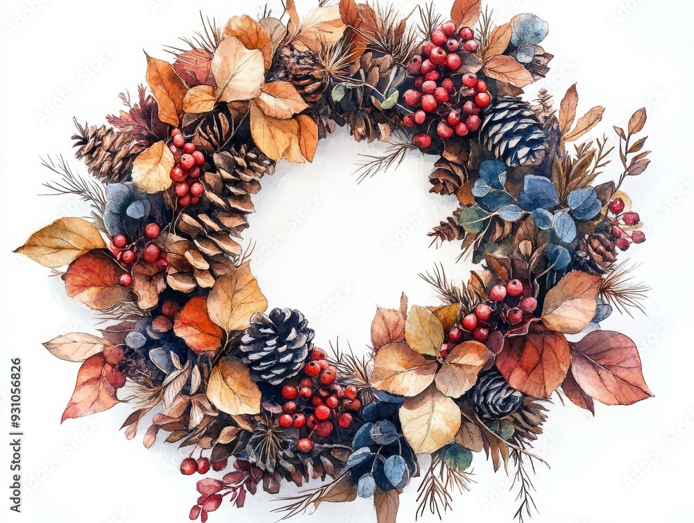 Fototapeta premium Boho Christmas advent wreath made of dried herbs a 809 christmas, wreath, decoration, holiday, tree, xmas, frame, celebration, isolated, season, pine, flower, leaf, winter, garland, ornament, bow, rib