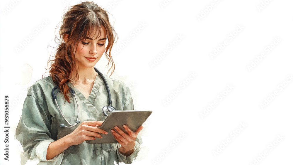 Brown watercolor painting of a nurse holding tablet, healthcare technology Brown watercolor painting of a nurse holding tablet, healthcare technology