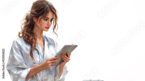 Brown watercolor painting of a nurse holding tablet, healthcare technology