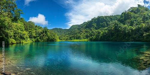 Lagoon mouth at 3 thousand meters above sea level with green forest vegetation.  photo