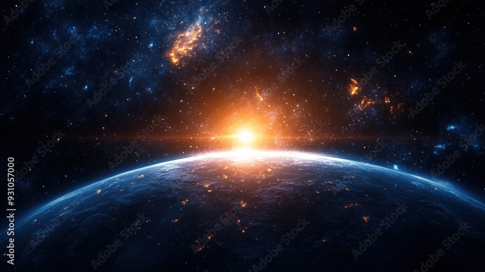 Obraz premium A breathtaking view of the sunrise over a distant planet, surrounded by vibrant stars and cosmic beauty in deep space.