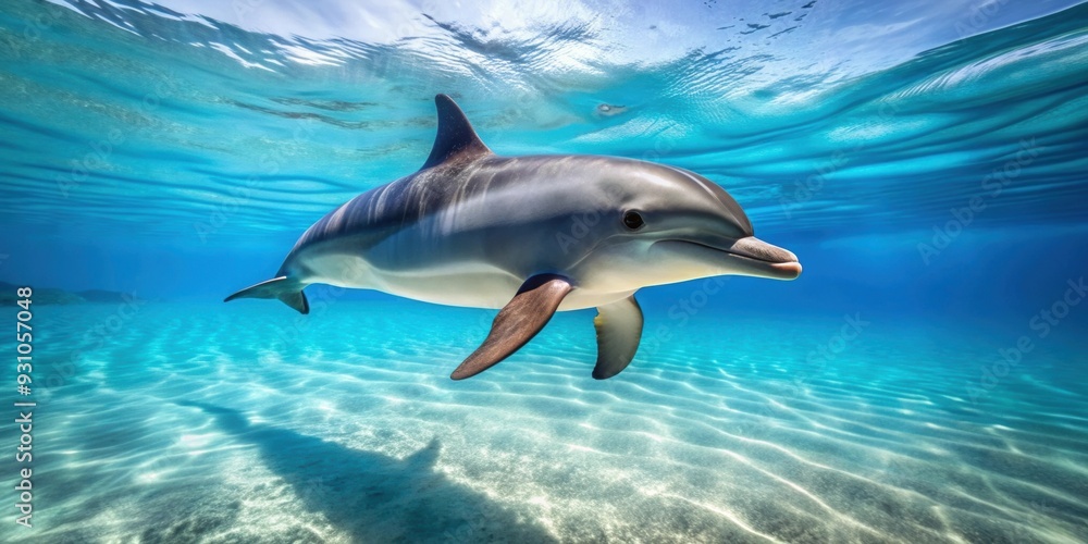 Fototapeta premium Playful dolphin swimming in clear blue ocean water, dolphin, marine life, mammal, intelligent, playful, underwater, ocean