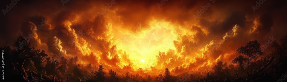 A dramatic landscape featuring a fiery sunset illuminating the sky with vibrant orange and red tones, surrounded by dark silhouettes. A dramatic landscape featuring a fiery sunset illuminating the sky with vibrant orange and red tones, surrounded by dark silhouettes.
