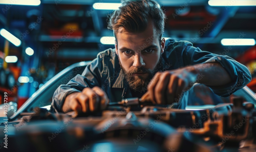 Attractive confident male auto mechanic working in Car Service Attractive confident male auto mechanic working in Car Service