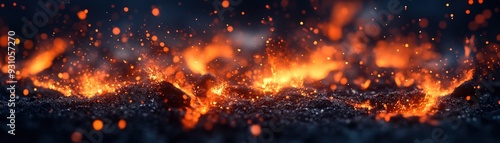 A dramatic view of flowing lava, showcasing vibrant orange flames and glowing embers against a dark, textured background.