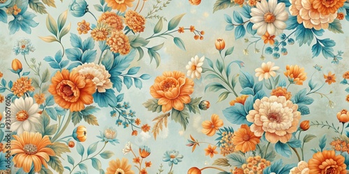 Vintage wallpaper background with beautiful flowers in orange and blue pastel colors , vintage,wallpaper, background, flowers, orange