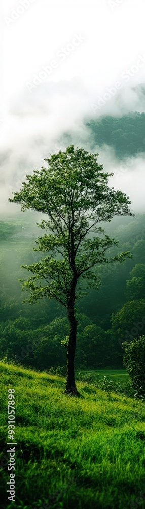 Fototapeta premium A solitary tree stands in the misty landscape, surrounded by lush green hills and clouds, evoking serenity and nature's beauty.