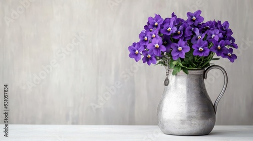 A delicate bunch of violets in a vintage silver vase, with an antique charm, violets, silver vase, vintage