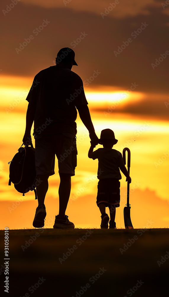 Father and Son Silhouette at Sunset with Backpack and Shovel Father and Son Silhouette at Sunset with Backpack and Shovel