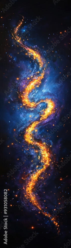 A stunning cosmic scene featuring a swirling galaxy illuminated by vibrant golden stars against a deep blue background. A stunning cosmic scene featuring a swirling galaxy illuminated by vibrant golden stars against a deep blue background.