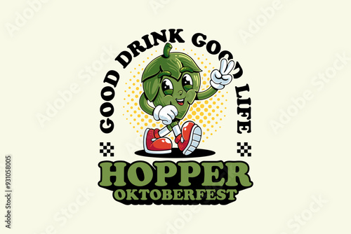 hop plant brewery retro cartoon funny character vector illustration with walking pose and showing peace hand for brewery, food and beverage mascots and sticker and apparel design elements