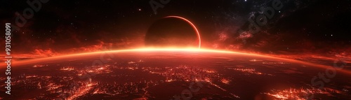 A stunning depiction of a planet under the glow of a solar eclipse, showcasing vibrant red hues and celestial beauty.