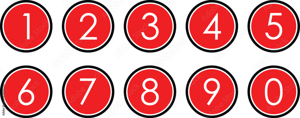 white numbers icon with black red circle. from 0 to 9. number button vector illustration. white numbers icon with black red circle. from 0 to 9. number button vector illustration.