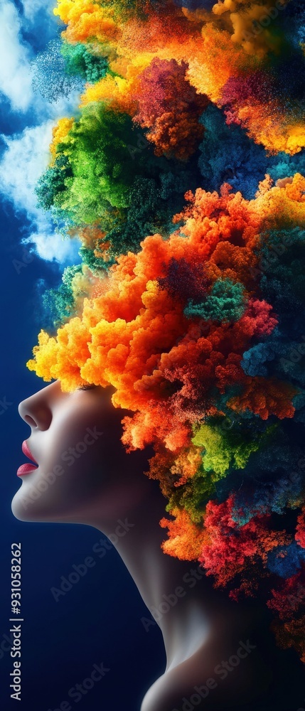 A surreal portrait of a woman with vibrant, colorful clouds representing creativity, imagination, and artistic expression. A surreal portrait of a woman with vibrant, colorful clouds representing creativity, imagination, and artistic expression.