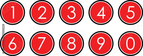 white numbers icon with black red circle. from 0 to 9. number button vector illustration.