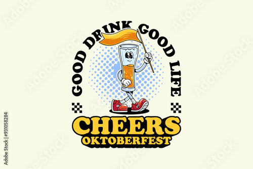a glass of beer retro cartoon funny character vector illustration with walking pose and holding the flag for brewery, food and beverage mascots and sticker and apparel design elements