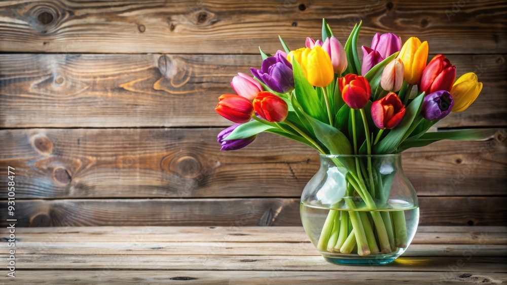 Bouquet of colorful tulips in a clear vase on a wooden table, spring, flowers, tulips, vibrant, colorful, blooming Bouquet of colorful tulips in a clear vase on a wooden table, spring, flowers, tulips, vibrant, colorful, blooming