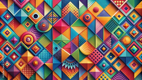 Geometric artwork with vibrant colors and various shapes, geometric, artwork, vibrant, colors, shapes, abstract, design