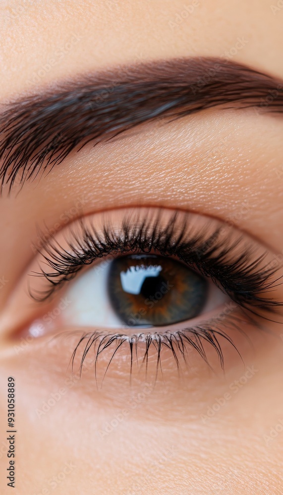 Fototapeta premium Close-up of an eye showcasing beautiful eyelashes and natural skin tones, highlighting details of vision and beauty.