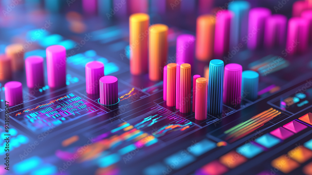 A data-driven infographic featuring 3D charts and graphs, with each data element highlighted in vibrant colors for easy readability A data-driven infographic featuring 3D charts and graphs, with each data element highlighted in vibrant colors for easy readability