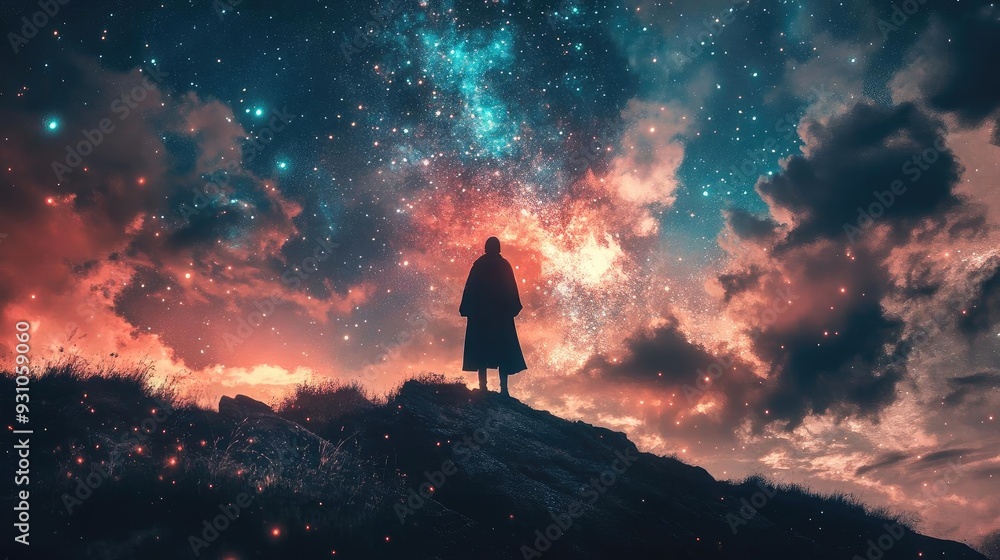 Obraz premium A solitary figure gazes at a vibrant cosmic scene, filled with colorful stars and swirling clouds, evoking wonder and contemplation.