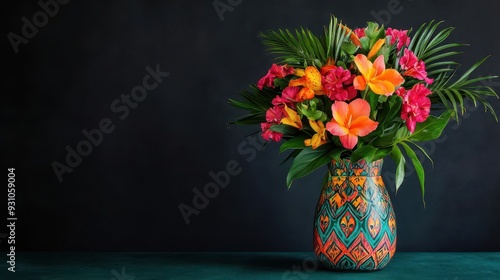 Wallpaper Mural A vibrant arrangement of tropical flowers in a colorful, patterned vase, with an exotic feel, tropical flowers, patterned vase, vibrant Torontodigital.ca