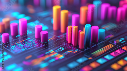 A data-driven infographic featuring 3D charts and graphs, with each data element highlighted in vibrant colors for easy readability