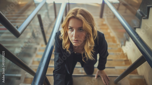 An exhausted businesswoman climbs the stairs, visibly fatigued from her demanding day.