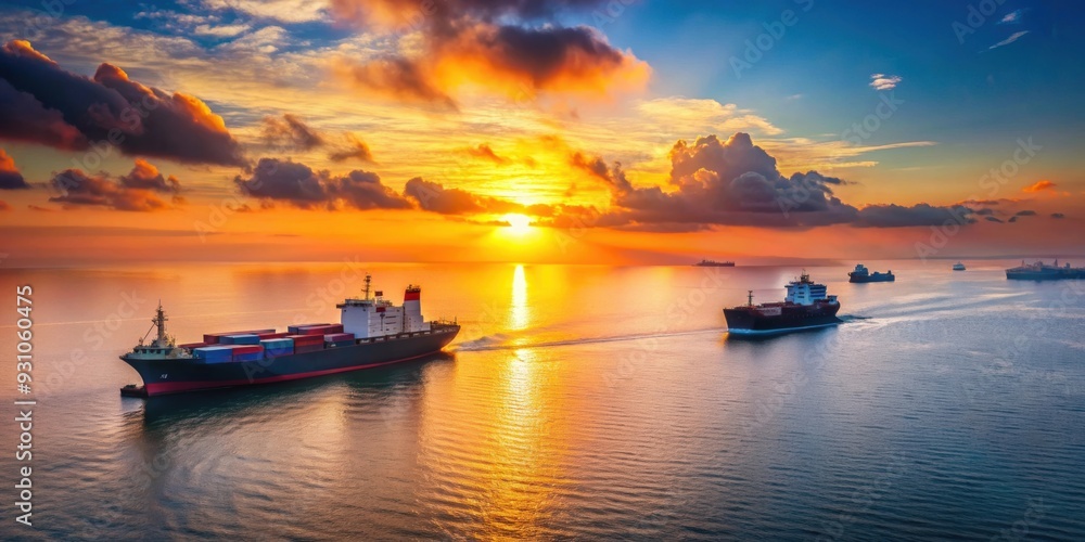 Cargo ships sailing under the setting sun on the vast ocean, cargo, ships, fleet, transportation, logistics, sunset Cargo ships sailing under the setting sun on the vast ocean, cargo, ships, fleet, transportation, logistics, sunset