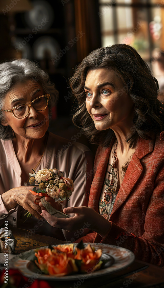 Two Women Admiring a Handmade Flower Bouquet Two Women Admiring a Handmade Flower Bouquet